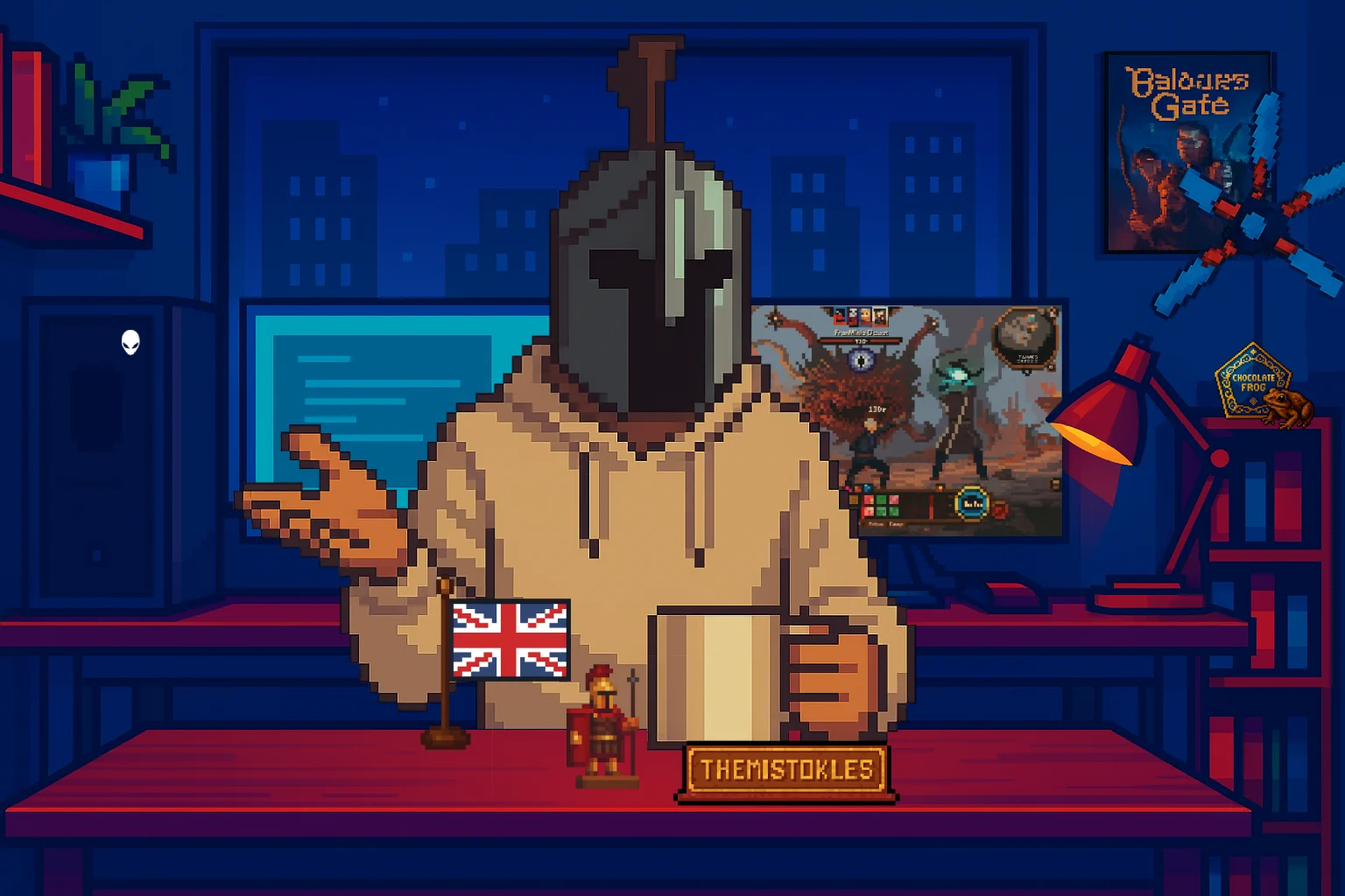 Pixel-art Themistokles at his desk with a Union Jack flag, a Spartan figurine and his nameplate