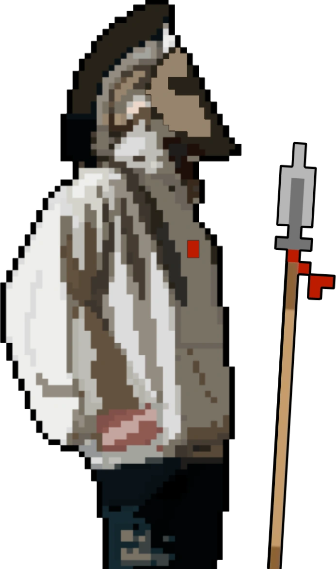 Pixel-art side profile of Themistokles wearing a Spartan helmet and a hoodie, holding a spear