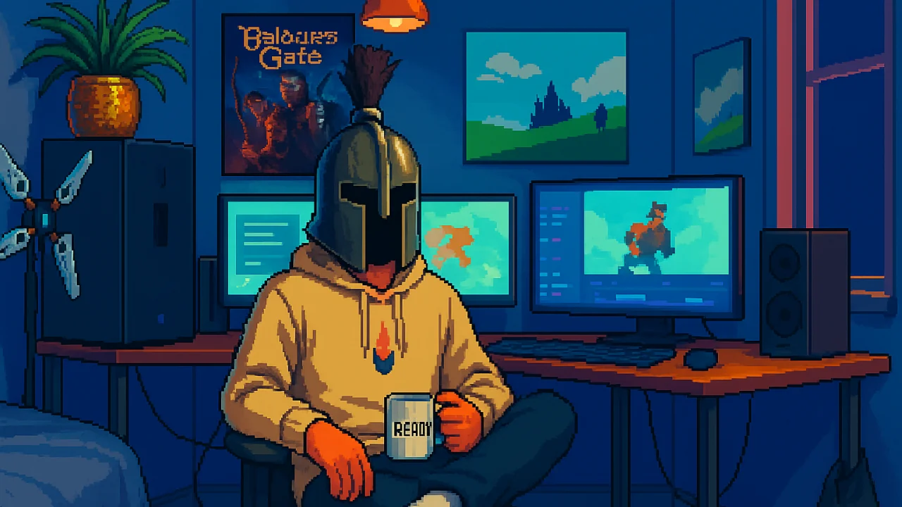 Pixel-art Themistokles sitting cross-legged in his room holding a mug that says READY